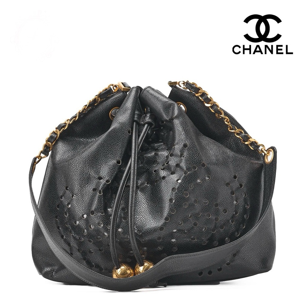 Authentic CHANEL Black caviar perforated bucket drawstring with removable pouch